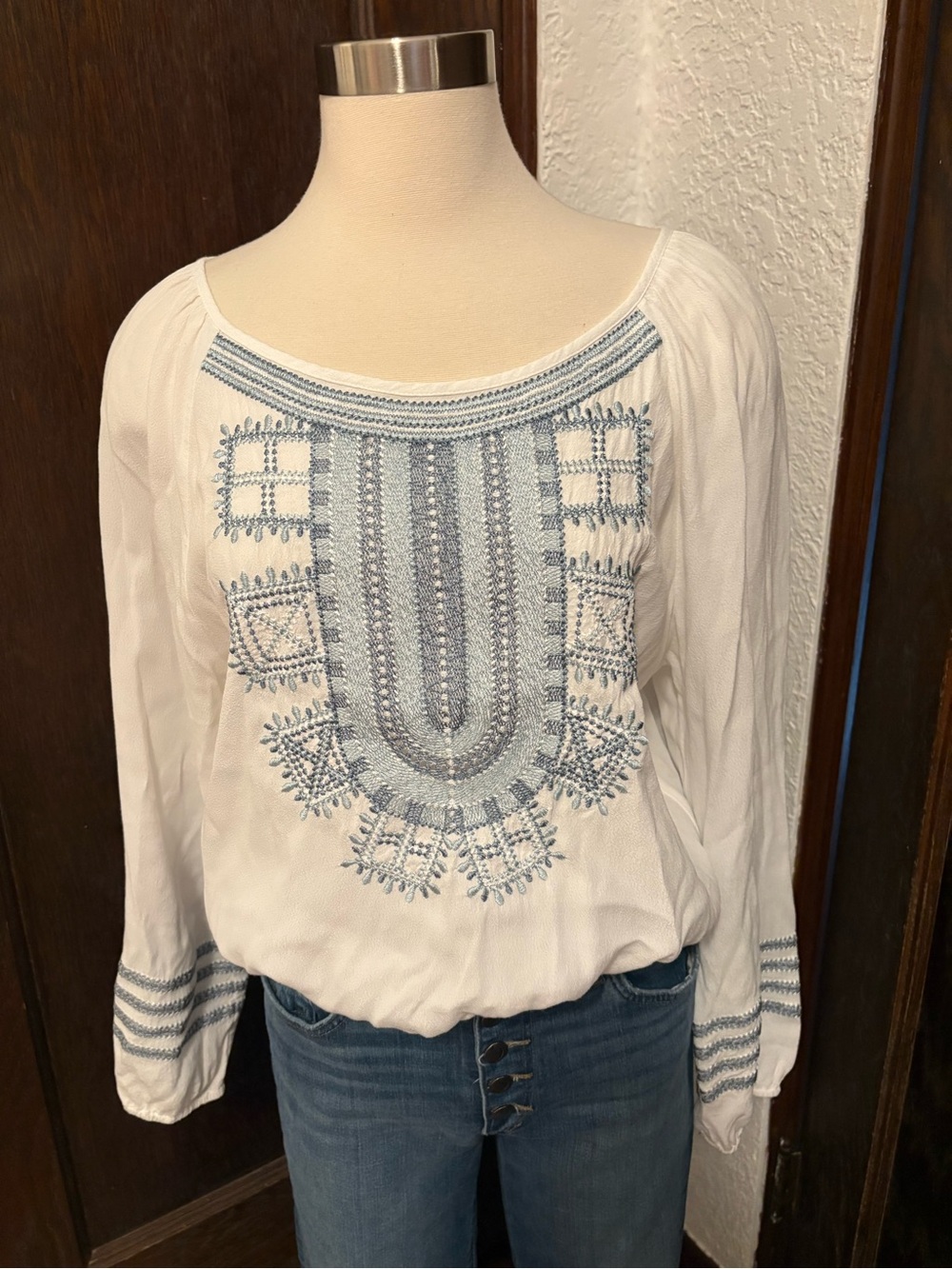 Women's White Peasant Blouse with Blue Embroidery